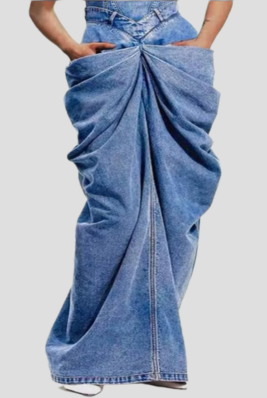 Ravish Bow Folding Denim Long Skirt