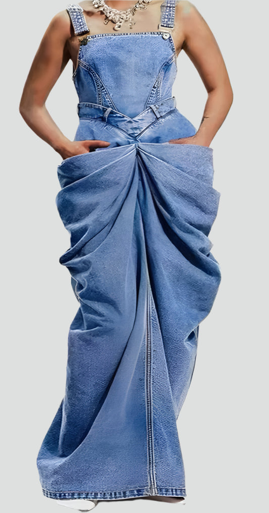 Ravish Bow Folding Denim Long Skirt